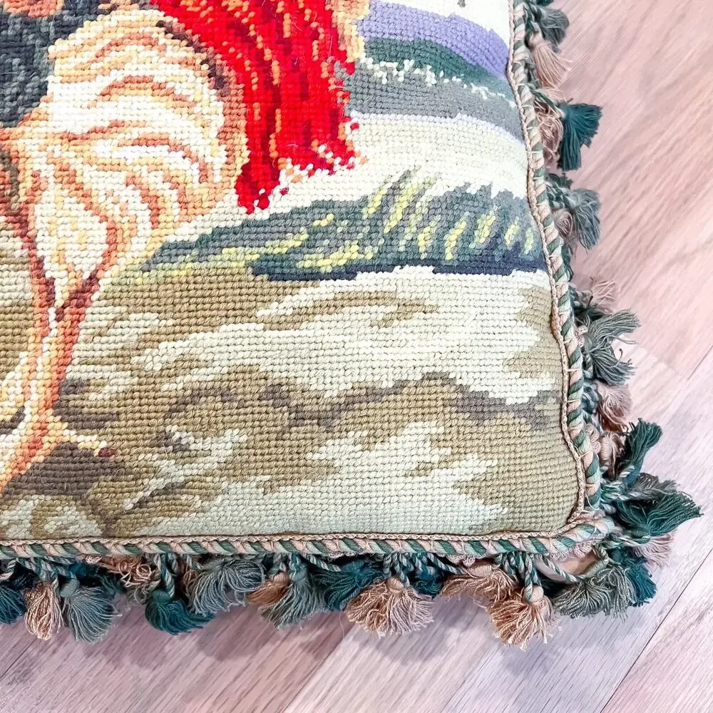 LARGE 22x18 Vintage French Country Rooster Frog Needlepoint Pillow Tassel Fringe - Picture 4 of 10